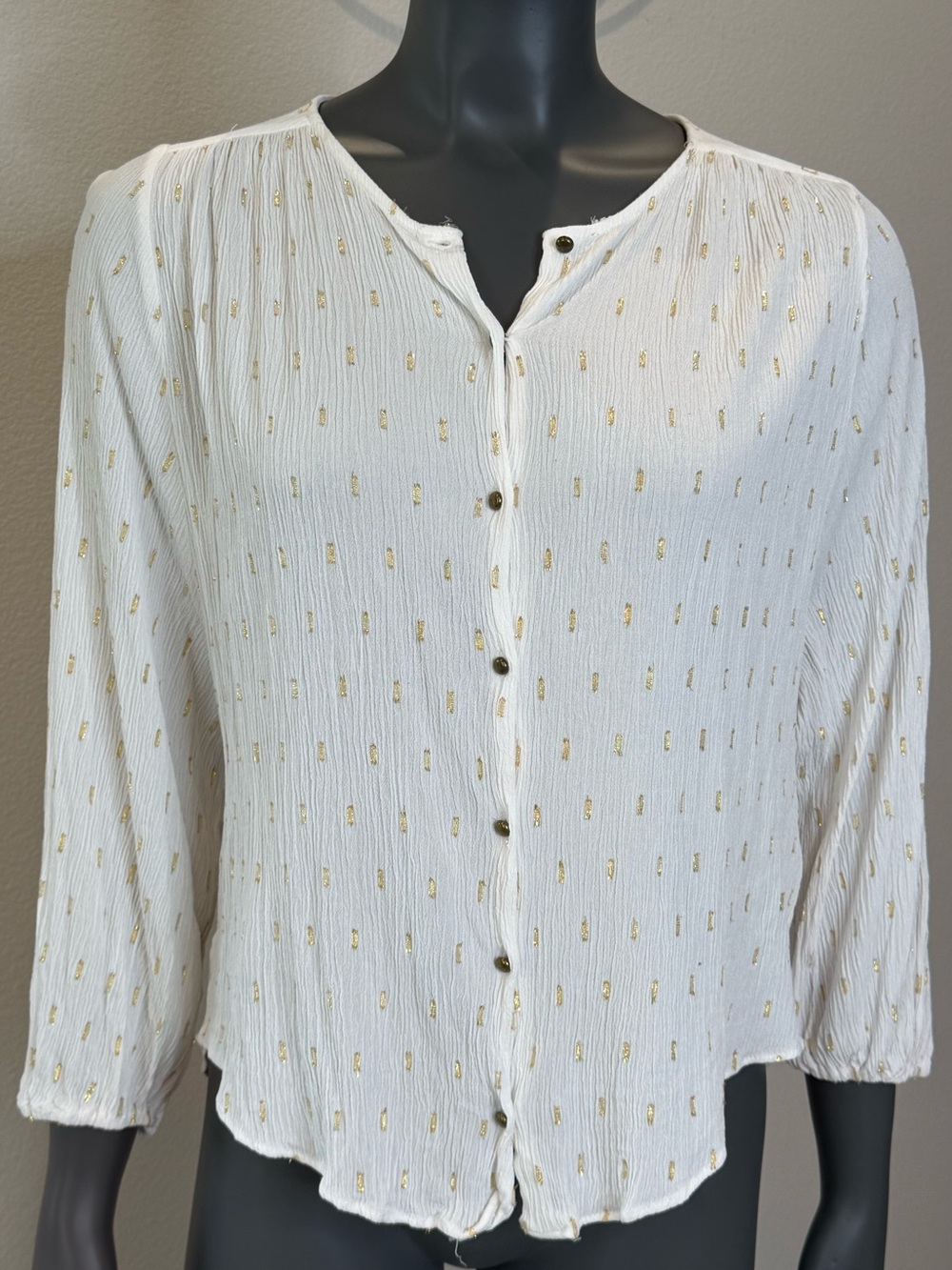 Zara Peasant Button up Blouse with Gold Details Womens Size M Bohemian